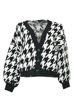 Two-tone houndstooth double-face nylon-blend ponte knit cardigan and pull-on mini pencil skirt two-piece set