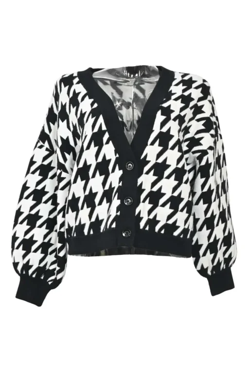 Two-tone houndstooth double-face nylon-blend ponte knit cardigan and pull-on mini pencil skirt two-piece set