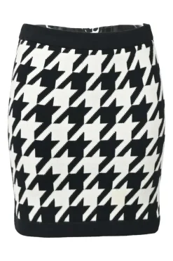 Two-tone houndstooth double-face nylon-blend ponte knit cardigan and pull-on mini pencil skirt two-piece set