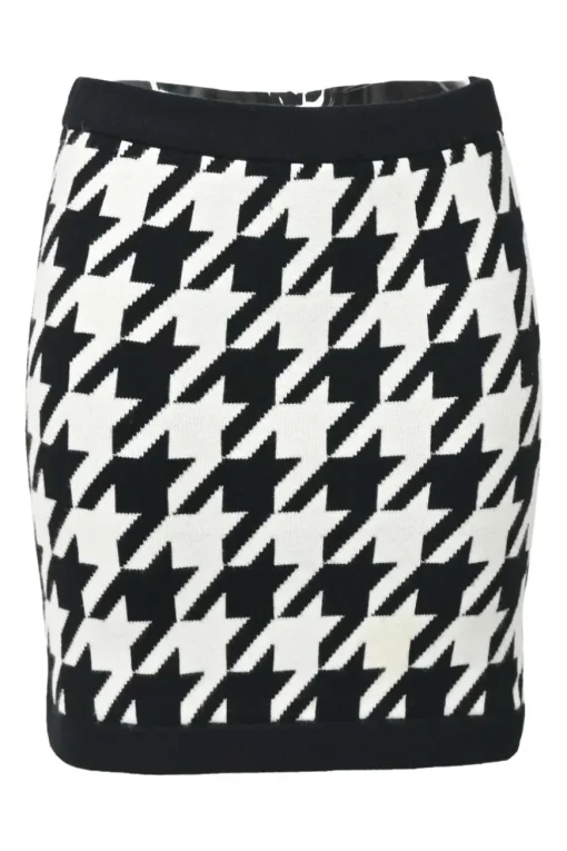 Two-tone houndstooth double-face nylon-blend ponte knit cardigan and pull-on mini pencil skirt two-piece set