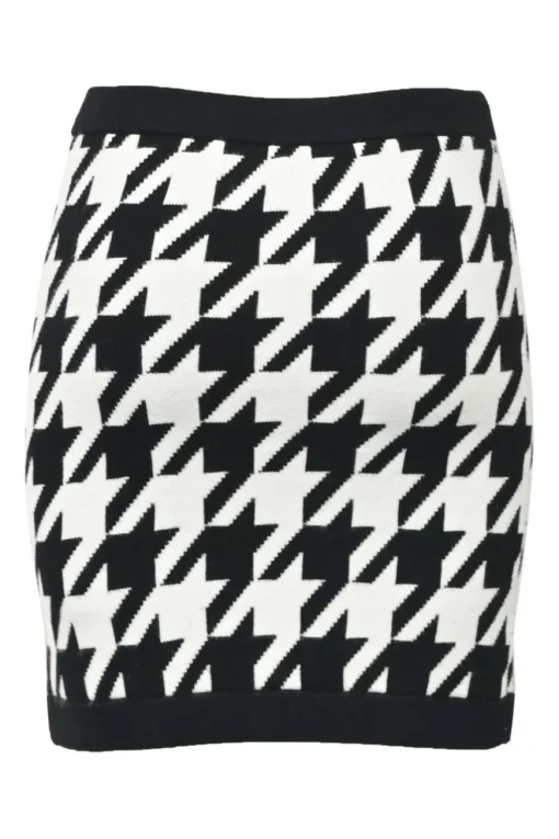 Two-tone houndstooth double-face nylon-blend ponte knit cardigan and pull-on mini pencil skirt two-piece set