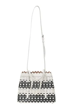 Two-tone laser-cut leather shopper tote with detachable shoulder strap