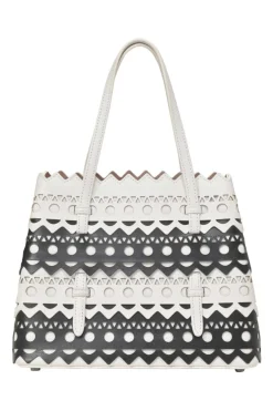 Two-tone laser-cut leather shopper tote with detachable shoulder strap