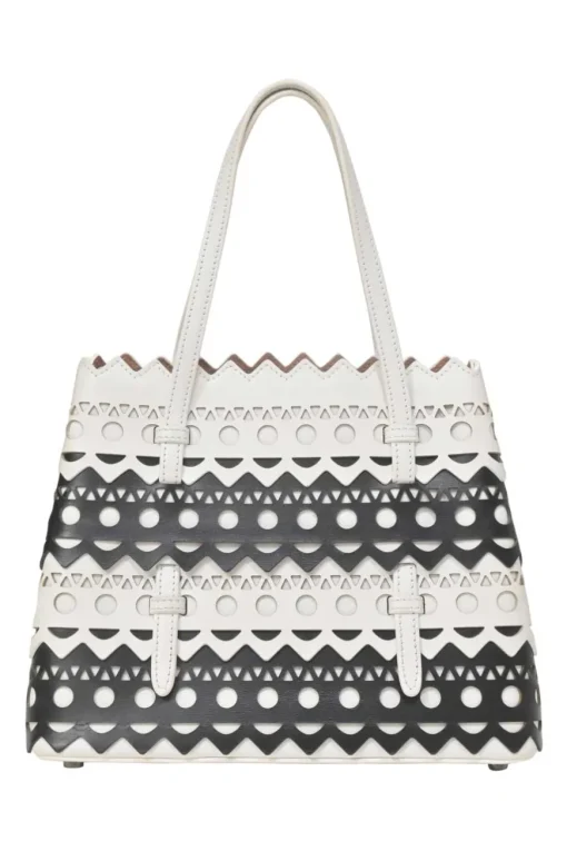 Two-tone laser-cut leather shopper tote with detachable shoulder strap