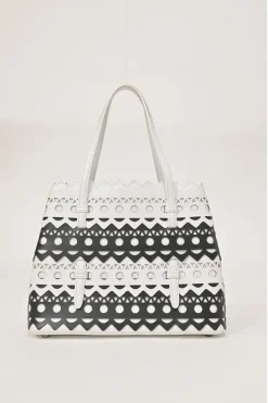 Two-tone laser-cut leather shopper tote with detachable shoulder strap