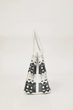 Two-tone laser-cut leather shopper tote with detachable shoulder strap