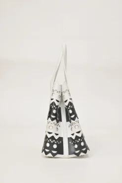 Two-tone laser-cut leather shopper tote with detachable shoulder strap