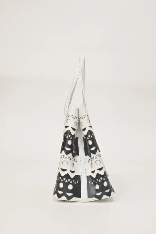 Two-tone laser-cut leather shopper tote with detachable shoulder strap