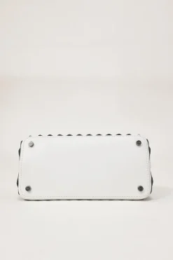 Two-tone laser-cut leather shopper tote with detachable shoulder strap