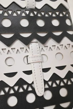 Two-tone laser-cut leather shopper tote with detachable shoulder strap