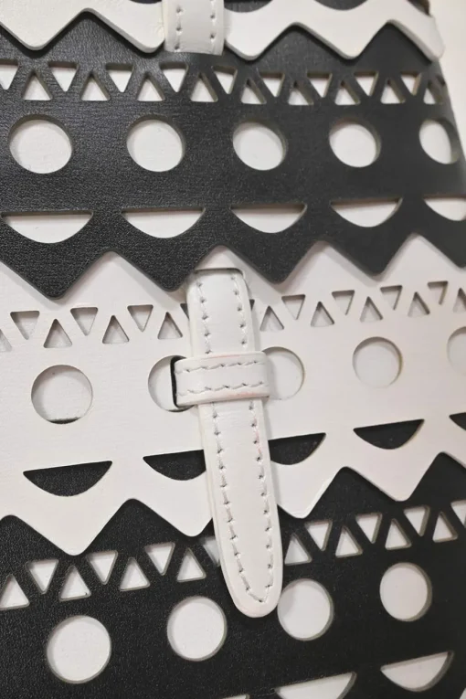 Two-tone laser-cut leather shopper tote with detachable shoulder strap