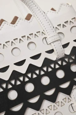 Two-tone laser-cut leather shopper tote with detachable shoulder strap