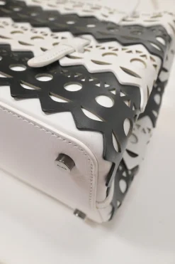 Two-tone laser-cut leather shopper tote with detachable shoulder strap