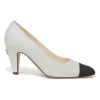 Two-tone leather and grosgrain pointed-toe cone heel pumps featuring metallic Coco Mark plaque appliqué