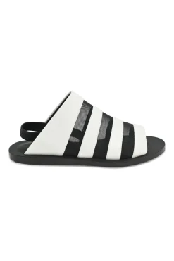 Two-tone leather and mesh slingback slide sandals
