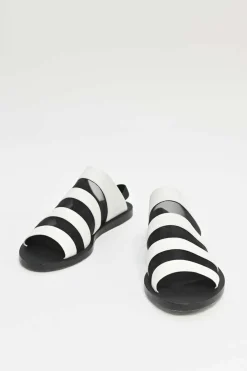 Two-tone leather and mesh slingback slide sandals