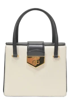 Two-tone leather top handle bag with turnlock fastening