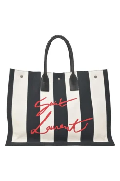 Two-tone logo-embroidered stripe canvas and leather Noe shopper tote