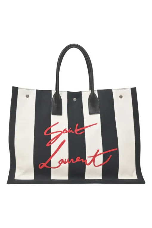 Two-tone logo-embroidered stripe canvas and leather Noe shopper tote