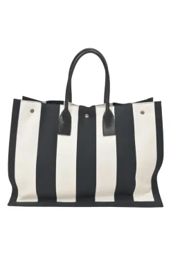 Two-tone logo-embroidered stripe canvas and leather Noe shopper tote