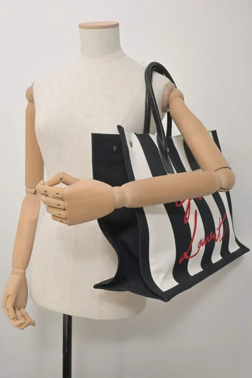Two-tone logo-embroidered stripe canvas and leather Noe shopper tote