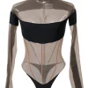 Two-tone paneled polyamide-blend jersey and tulle mock neck illusion thong bodysuit