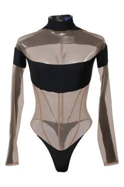 Two-tone paneled polyamide-blend jersey and tulle mock neck illusion thong bodysuit