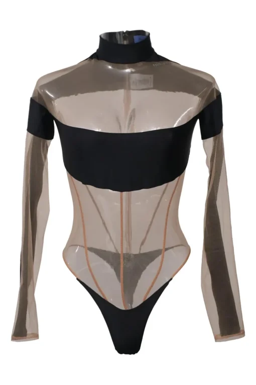 Two-tone paneled polyamide-blend jersey and tulle mock neck illusion thong bodysuit