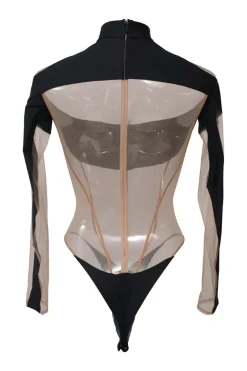 Two-tone paneled polyamide-blend jersey and tulle mock neck illusion thong bodysuit