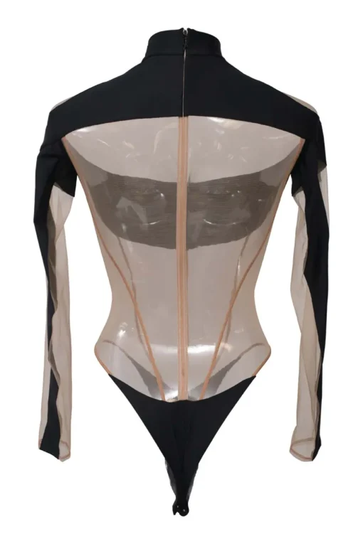 Two-tone paneled polyamide-blend jersey and tulle mock neck illusion thong bodysuit