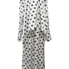 Two-tone rayon polka dot spread collar button-front swing shirt and wide-leg drawstring waist pant two-piece set