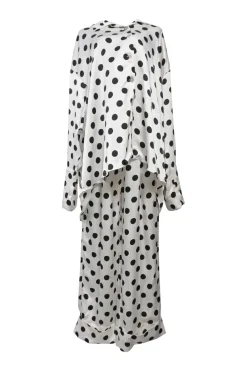 Two-tone rayon polka dot spread collar button-front swing shirt and wide-leg drawstring waist pant two-piece set