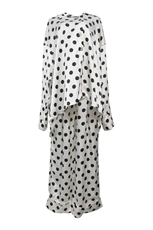 Two-tone rayon polka dot spread collar button-front swing shirt and wide-leg drawstring waist pant two-piece set