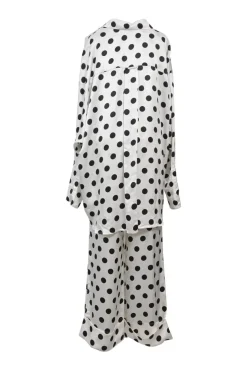 Two-tone rayon polka dot spread collar button-front swing shirt and wide-leg drawstring waist pant two-piece set