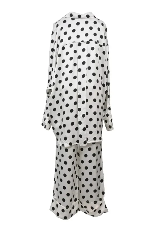 Two-tone rayon polka dot spread collar button-front swing shirt and wide-leg drawstring waist pant two-piece set