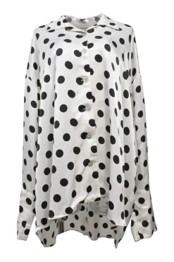 Two-tone rayon polka dot spread collar button-front swing shirt and wide-leg drawstring waist pant two-piece set