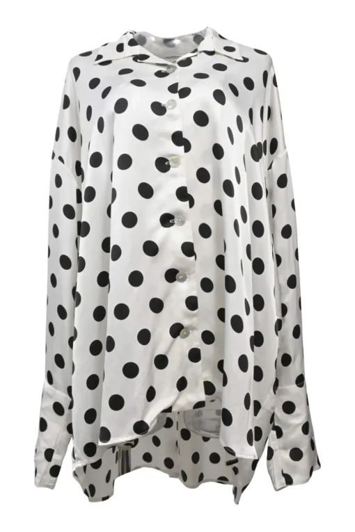 Two-tone rayon polka dot spread collar button-front swing shirt and wide-leg drawstring waist pant two-piece set