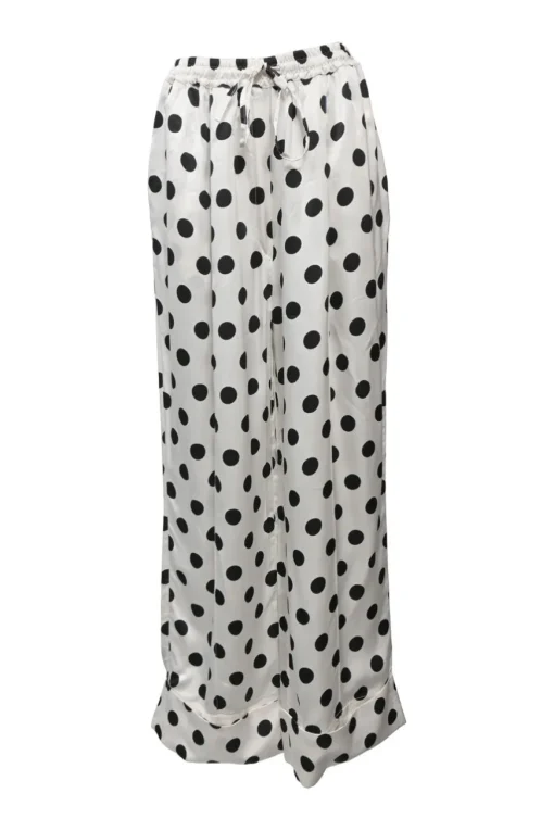 Two-tone rayon polka dot spread collar button-front swing shirt and wide-leg drawstring waist pant two-piece set