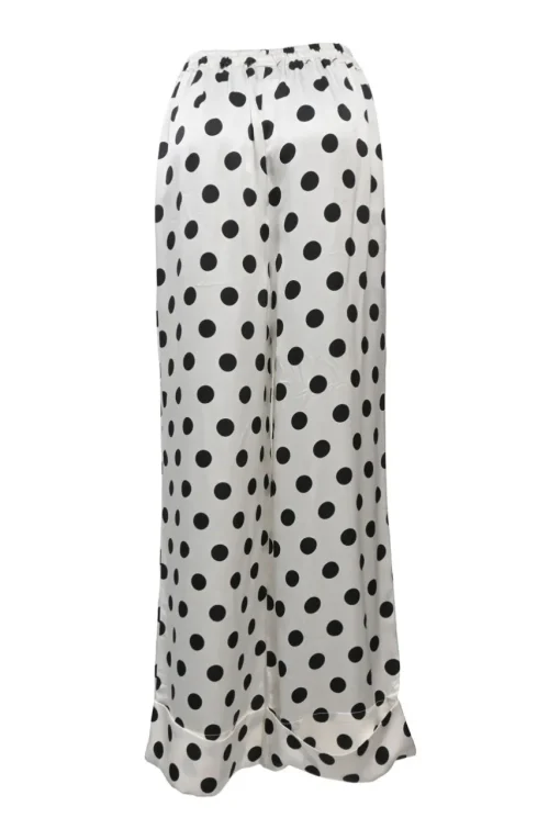 Two-tone rayon polka dot spread collar button-front swing shirt and wide-leg drawstring waist pant two-piece set