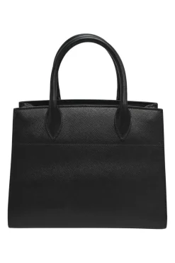 Two-tone Saffiano leather Bibliotheque bag with detachable black and white flower applique shoulder strap