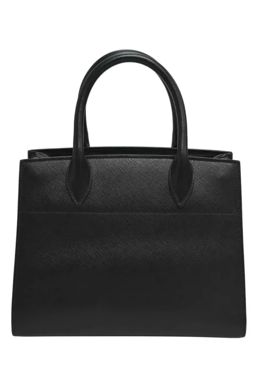 Two-tone Saffiano leather Bibliotheque bag with detachable black and white flower applique shoulder strap