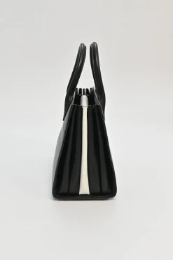 Two-tone Saffiano leather Bibliotheque bag with detachable black and white flower applique shoulder strap