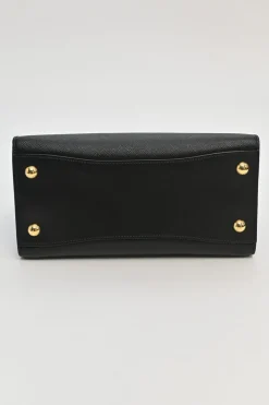 Two-tone Saffiano leather Bibliotheque bag with detachable black and white flower applique shoulder strap