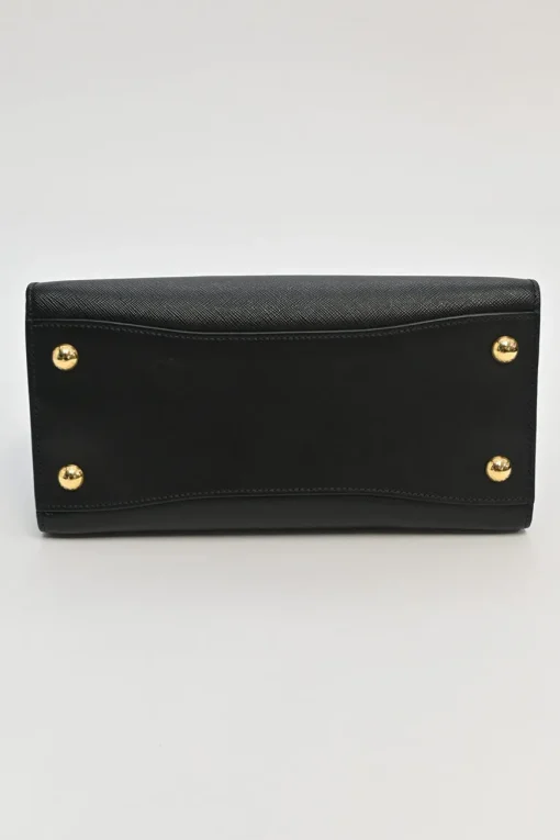 Two-tone Saffiano leather Bibliotheque bag with detachable black and white flower applique shoulder strap