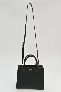 Two-tone Saffiano leather Bibliotheque bag with detachable black and white flower applique shoulder strap