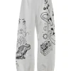 Two-tone screen-printed cotton French terry pull-on high-rise joggers featuring novelty graphic motif