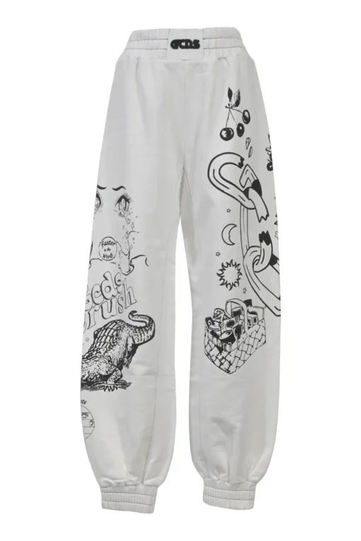 Two-tone screen-printed cotton French terry pull-on high-rise joggers featuring novelty graphic motif