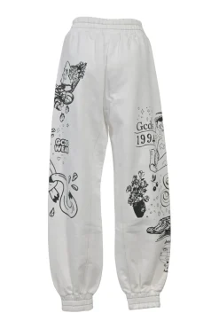 Two-tone screen-printed cotton French terry pull-on high-rise joggers featuring novelty graphic motif