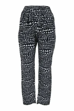 Two-tone silk abstract heart print pull-on crop-crotch tapered leg trousers with elasticated waistband