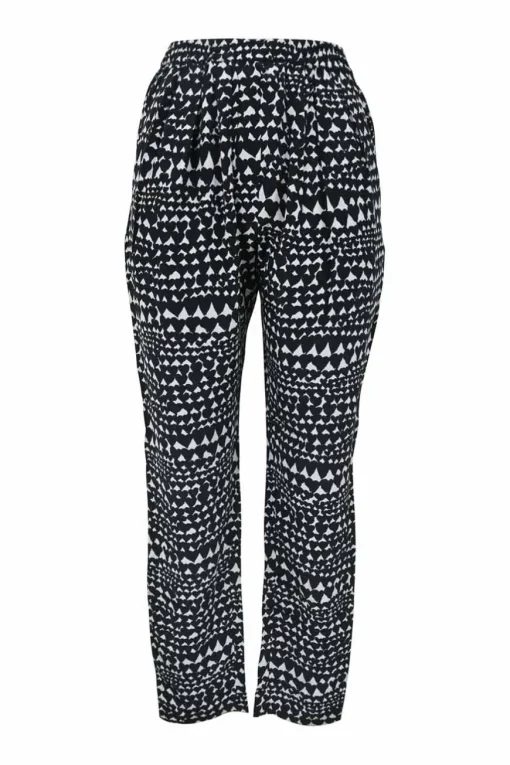 Two-tone silk abstract heart print pull-on crop-crotch tapered leg trousers with elasticated waistband